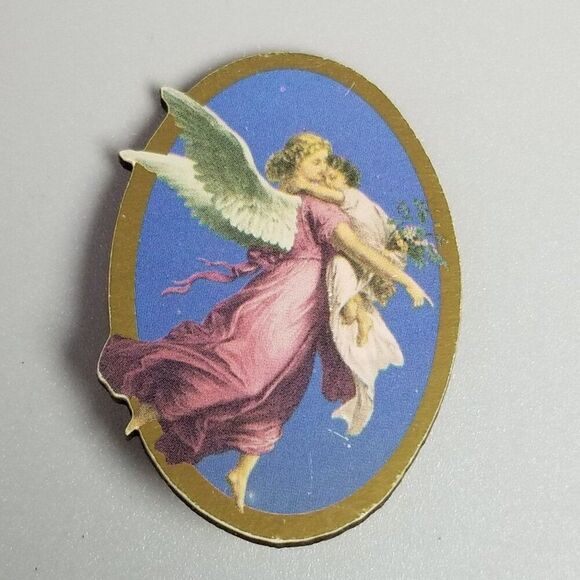 Vintage Guardian Angel Blue Pink Winged Cherub Oval Brooch, Estate Lapel Pin - Picture 8 of 8